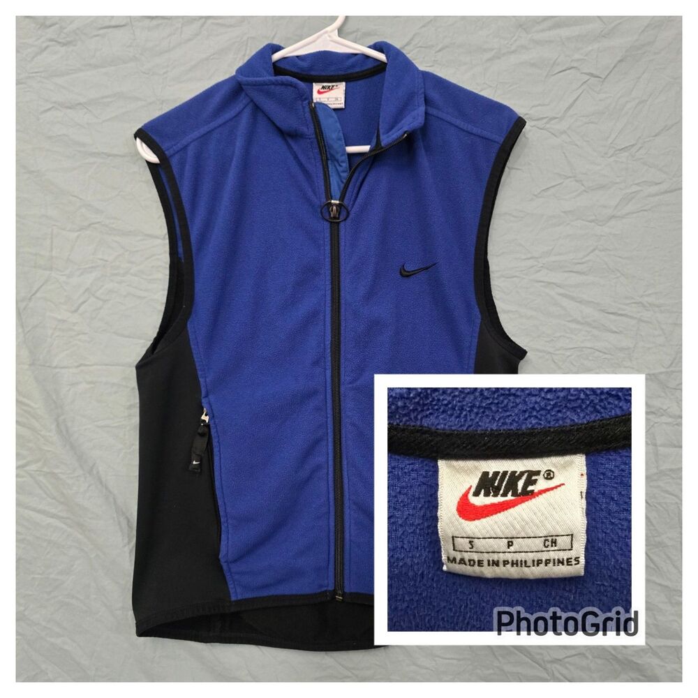 Vintage Nike Vest Mens Small Blue Therma Fit Fleece Full Zip 90s Y2K Red Check